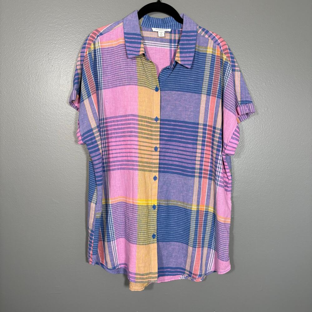 BeachLunchLounge Woman's Pink & Blue Plaid Linen Blend Button Up Shirt - Size XL